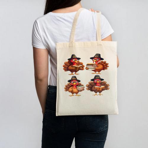 Turkey Reading Books Shirt Thanksgiving Turkey Bookworm Canvas Tote Bag - Bookorys