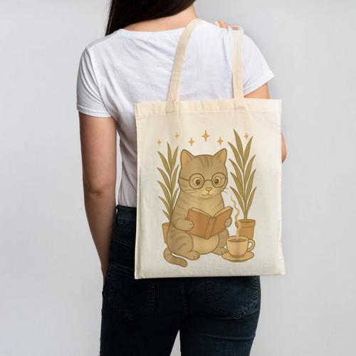 Vintage Cat Reading Book Lover Retro Kitten Cottagecore Canvas Tote Bag - Bookorys