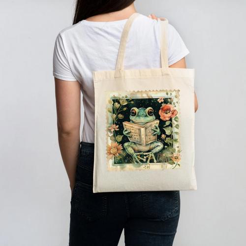 Vintage Frog Reading Book Bookish Cottagecore Canvas Tote Bag - Bookorys