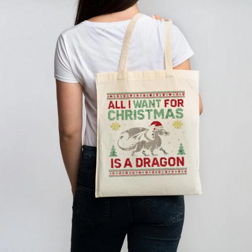 All I Want For Christmas Is A Dragon & Books Ugly Sweater Canvas Tote Bag - Bookorys UK