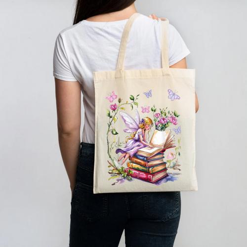 Watercolor Butterfly Fairy Read Book Library Fantasy Novel Canvas Tote Bag - Bookorys