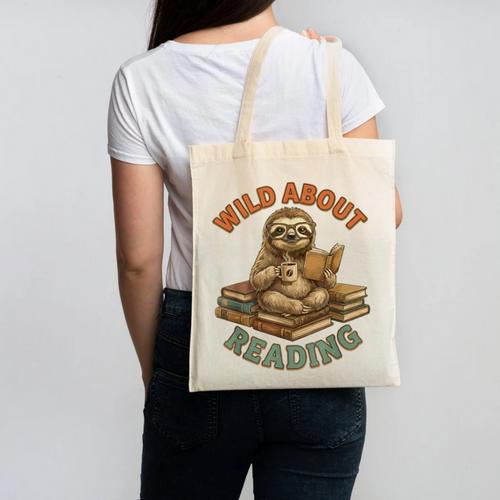 Wild About Reading Sloth Coffee Teacher Book Lover Canvas Tote Bag - Bookorys