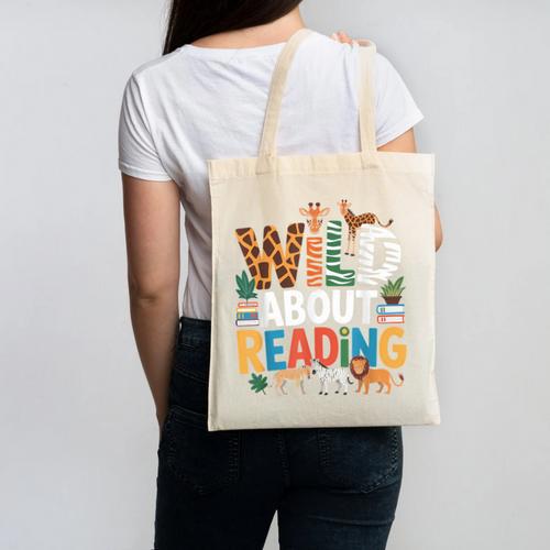 Wild About Reading Zoo Animals Books Reader Lover Canvas Tote Bag - Bookorys