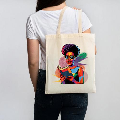 Woman Reading Book Lover Geometric Girl Afro History Canvas Tote Bag - Bookorys