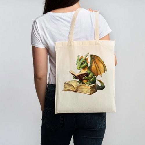 Women's Dragon Bookworm Reading Book Graphic Canvas Tote Bag - Bookorys