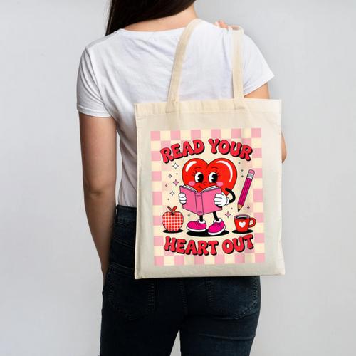 Women's Read Your Heart Out Groovy Bookish Valentine Day Women Girls Canvas Tote Bag - Bookorys DE