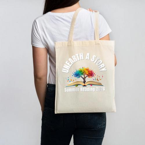 Women's Unearth a Story 2026 Summer Reading Program Tree Book Canvas Tote Bag - Bookorys CA