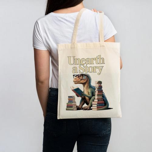 Women's Unearth A Story Dinosaur Reading a Library Book Canvas Tote Bag - Bookorys CA