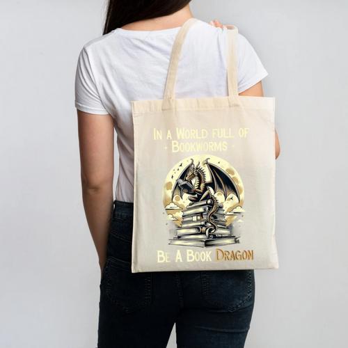 In a World Full Of Bookworms Be a Book Dragon Books Reading Canvas Tote Bag - Bookorys