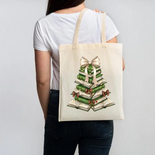 Xmas Tree Books Merry Christmas Coquette Bow Teacher Holiday Canvas Tote Bag - Bookorys