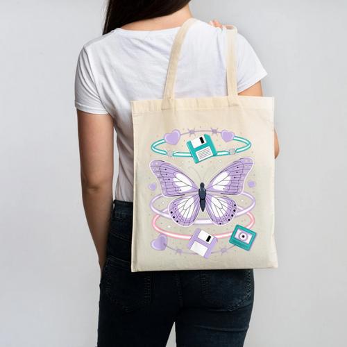 Y2K Butterfly Floppy Disk Art Digital Nostalgia Canvas Tote Bag - Figerry