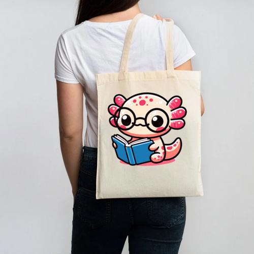 Adorable Book Lover Axolotl With Reading Glasses Cute Canvas Tote Bag - Bookorys
