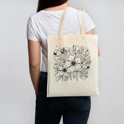 Adult Coloring Book Style Flowers And Ladybug Self Coloring Canvas Tote Bag - Bookorys