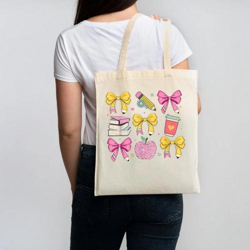 Apple Coquette Bow Books First Day Of School Back To School Canvas Tote Bag - Bookorys