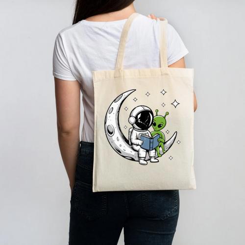 Astronaut Reading Book To Alien Moon Space Astronomy Canvas Tote Bag - Bookorys