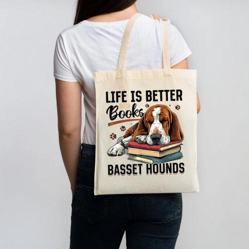Basset Hound Dog Breed Life Is Better With Books And a For Men Women Girls Kids Canvas Tote Bag - Bookorys