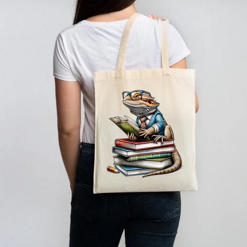 Bearded Dragon Reading Books Matching Bookworm Librarian Canvas Tote Bag - Bookorys