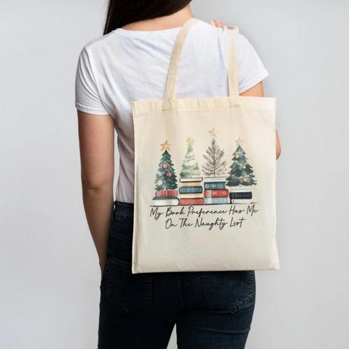 My Book Preference Has Me On The Naughty List Christmas Tree Canvas Tote Bag - Bookorys
