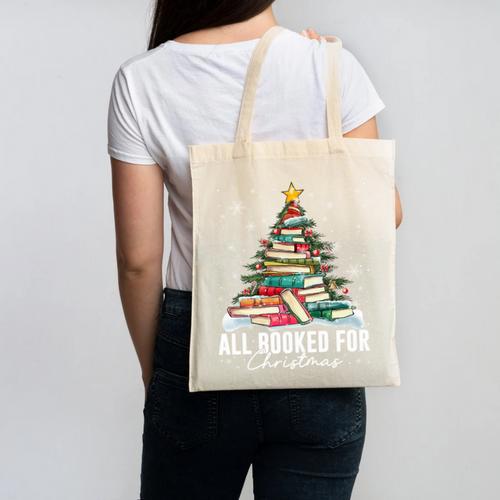 All Booked For Christmas Book Christmas Tree Lights Xmas Canvas Tote Bag - Bookorys