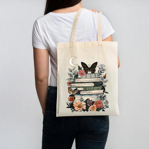 Bookish Cottagecore Aesthetic Celestial Reader Book Lover Canvas Tote Bag - Bookorys