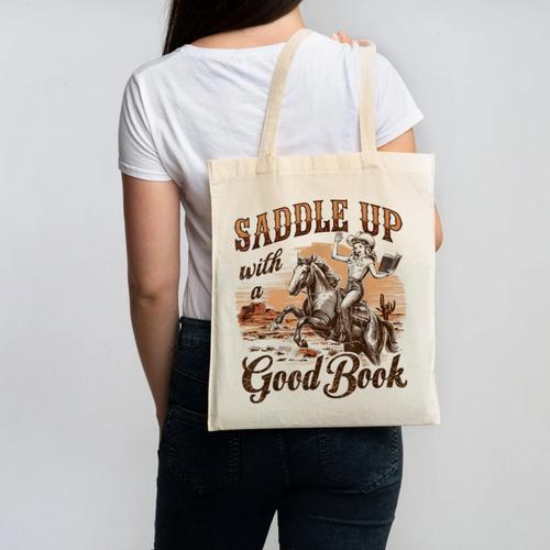 Bookish Retro Western Cowgirl Texas Book Lover Novel Reader Canvas Tote Bag - Bookorys
