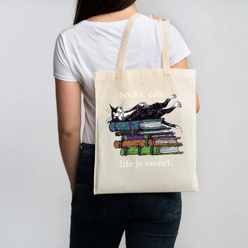 Books Cats Life Is Sweet Cats Books Lover Men Women Canvas Tote Bag - Bookorys