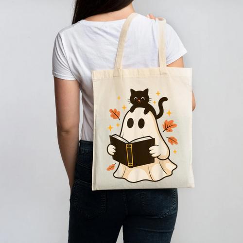 Books Ghost Reading Book Halloween Library Cat Fall Canvas Tote Bag - Bookorys