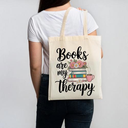 Books Are My Therapy Coffee Books Flowers Bookish Book Lover Canvas Tote Bag - Bookorys