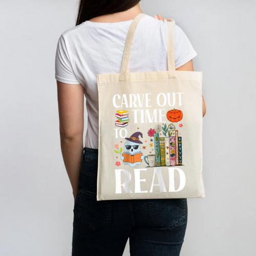 Carve Out Time To Read Halloween Ghost Books Raglan Baseball Tee Canvas Tote Bag - Bookorys