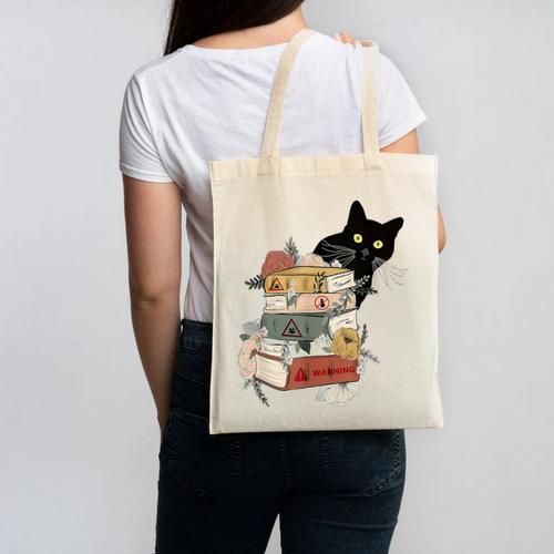 Cat And Books Flowers Reading Club Cat Lover Bookworm Canvas Tote Bag - Bookorys CA