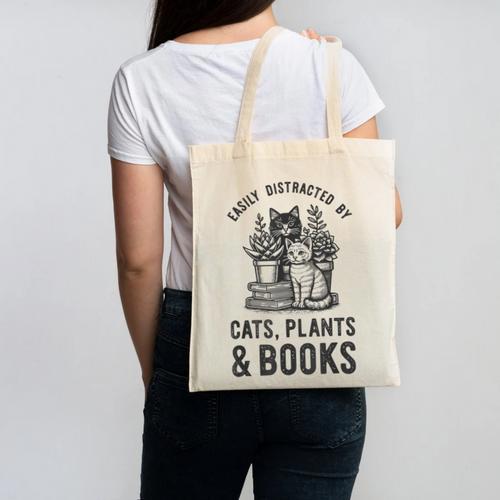 Cats Plants And Books Shirt Plant Lover Gardening Canvas Tote Bag - Bookorys