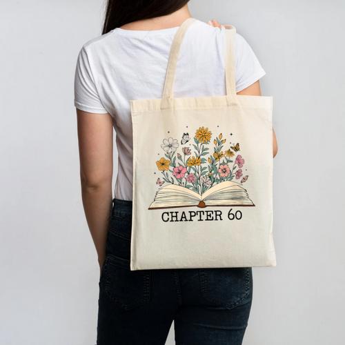 Chapter 60 60th Birthday Floral Open Book With Flowers Canvas Tote Bag - Bookorys UK
