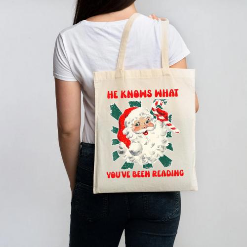 Christmas Bookish He Knows What You'Ve Been Reading Women Canvas Tote Bag - Bookorys