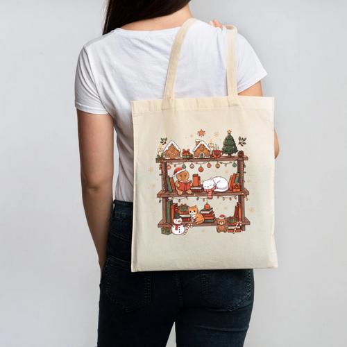 Christmas Cats Bookshelf Gingerbread Canvas Tote Bag - Bookorys DE