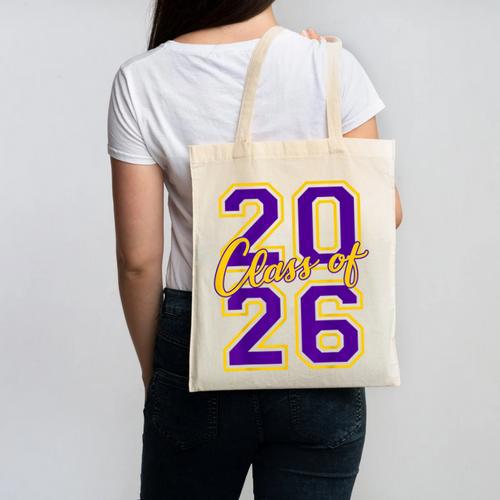 Class Of 2026 Graduation Varsity Purple And Yellow Letters Canvas Tote Bag - Best Gift Smart