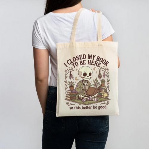 I Closed My Book To Be Here Cottagecore Skeleton Cute Reader Canvas Tote Bag - Bookorys CA