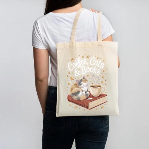 Coffee Cats & Books Cute Cat Book Lover Reading Canvas Tote Bag - Bookorys