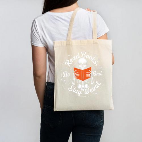 Cool Read Books Be Kind Stay Weird Skeleton Reading Canvas Tote Bag - Bookorys AU