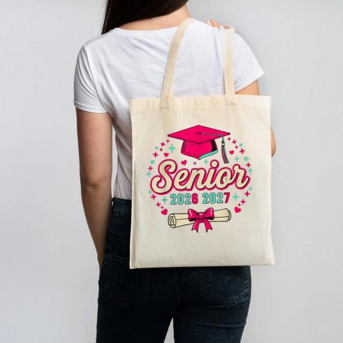 Coquette Pink Bow Senior 2026 2027 Graduation Canvas Tote Bag - Best Gift Smart
