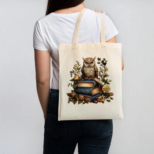 Cottagecore Aesthetic Floral Owl Books Canvas Tote Bag - Bookorys CA