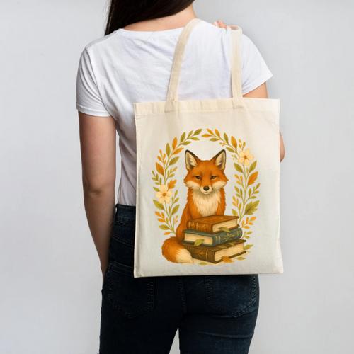 Cottagecore Whimsical Woodland Red Fox Behind Stack Of Books Canvas Tote Bag - Bookorys CA