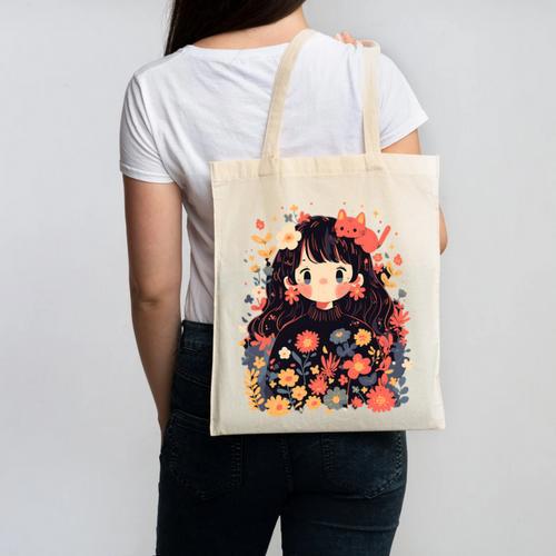 Cottagecore Wild Flowers Book Reader Cat Nature Soft Canvas Tote Bag - Bookorys