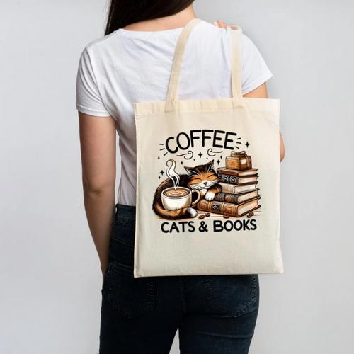 Cute Coffee Cats Books Lover Idea Women Men Kids Canvas Tote Bag - Bookorys
