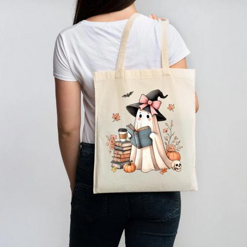 Cute Ghost Reading Book Librarian Book Lover Canvas Tote Bag - Bookorys