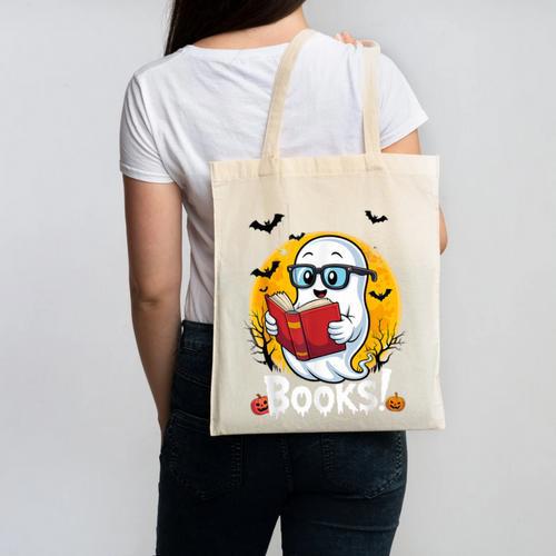 Cute Ghost Reading Book Retro Halloween Librarian Canvas Tote Bag - Bookorys