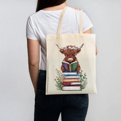 Cute Highland Cow With Book Floral Bookworm Librarian Book Canvas Tote Bag - Bookorys
