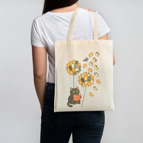 Cute Reading Cat With Kitten Dandelion Flowers Book Lover Canvas Tote Bag - Bookorys CA