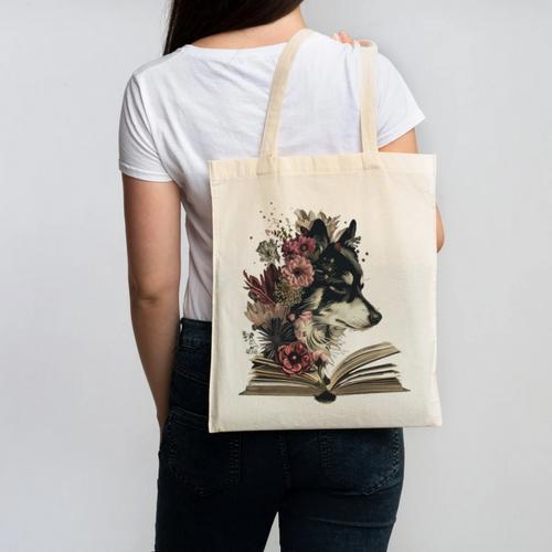 Dog Book Flower Canvas Tote Bag - Bookorys