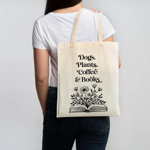 Dogs Plants Coffee Books Book Lover Dog Lover Reading Canvas Tote Bag - Bookorys