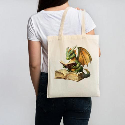 Dragon Bookworm Reading Book Graphic Canvas Tote Bag - Bookorys